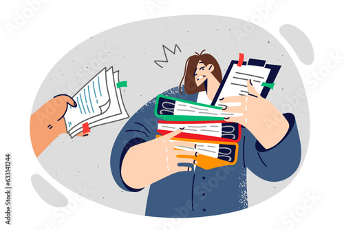 Overworked woman with folders and papers in hands feels burnt out and lacks productivity