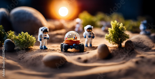 immaginario paesaggio di gioco con statuine di astronauti, sabbia, vegetazione, moon rover, tramonto photo