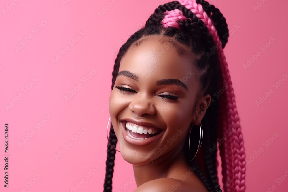 Smiling young afro-american woman with pink braids on the pink background. Generative AI - obrazy, fototapety, plakaty 