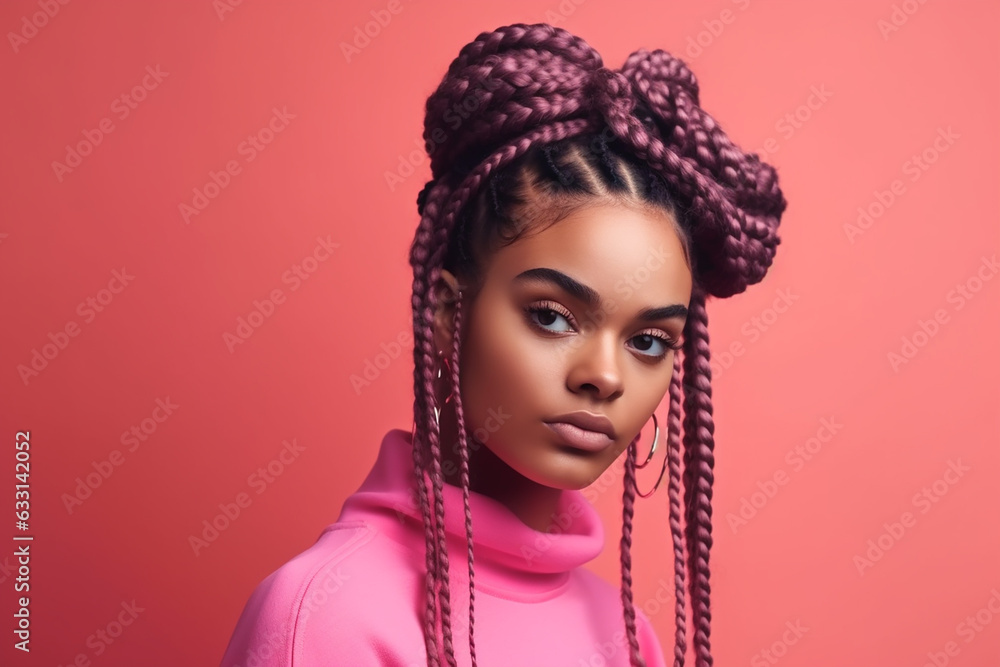 Young pretty afro-american woman with pink braids on the pink background. Generative AI - obrazy, fototapety, plakaty 