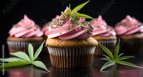 Hemp cake with icing.
Sweet cannabis muffin cake. Serving dessert in a cafe
marijuana leaves for decoration. Canna cake with hemp oil. Drug food. Legalization of light drugs.