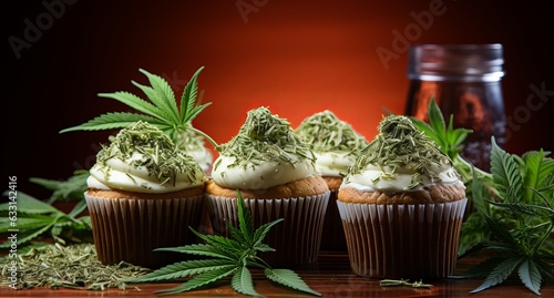 Hemp cake with icing.
Sweet cannabis muffin cake. Serving dessert in a cafe
marijuana leaves for decoration. Canna cake with hemp oil. Drug food. Legalization of light drugs.