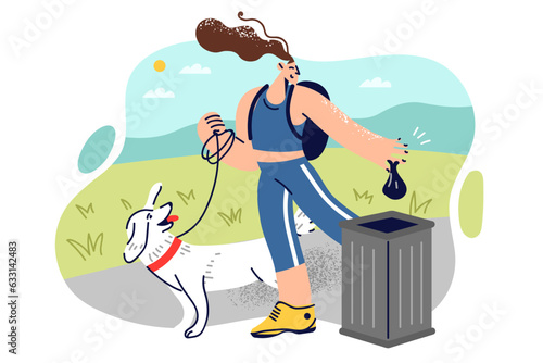 Woman walking dog throws pet poop into trash can, showing social responsibility and care for nature
