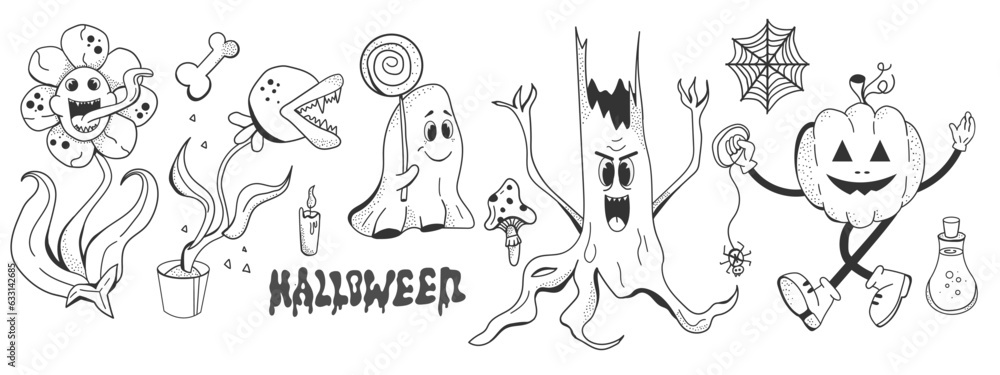 Groovy set of elements for Halloween in retro cartoon style. Cute pumpkin and ghost hold sweet. Flowers monster with teeth Groovy set of elements for Halloween in retro cartoon style. Cute pumpkin and ghost hold sweet. Flowers monster with teeth