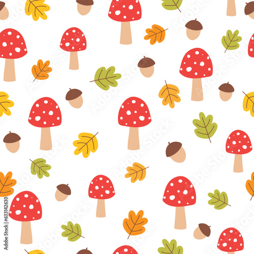 Autumn seamless pattern. Cute background with mushroom, acorn and fall leaves. Vector illustration. It can be used for wallpapers, wrapping, cards, patterns for clothes and other. 