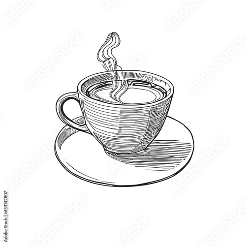 cup of coffee or tea ink contour drawing black and white