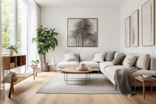 A contemporary living room in Scandinavian style adorned with fashionable furniture  plants  a bookstand made of bamboo  and a wooden desk. The room features a rich brown wooden parquet flooring and