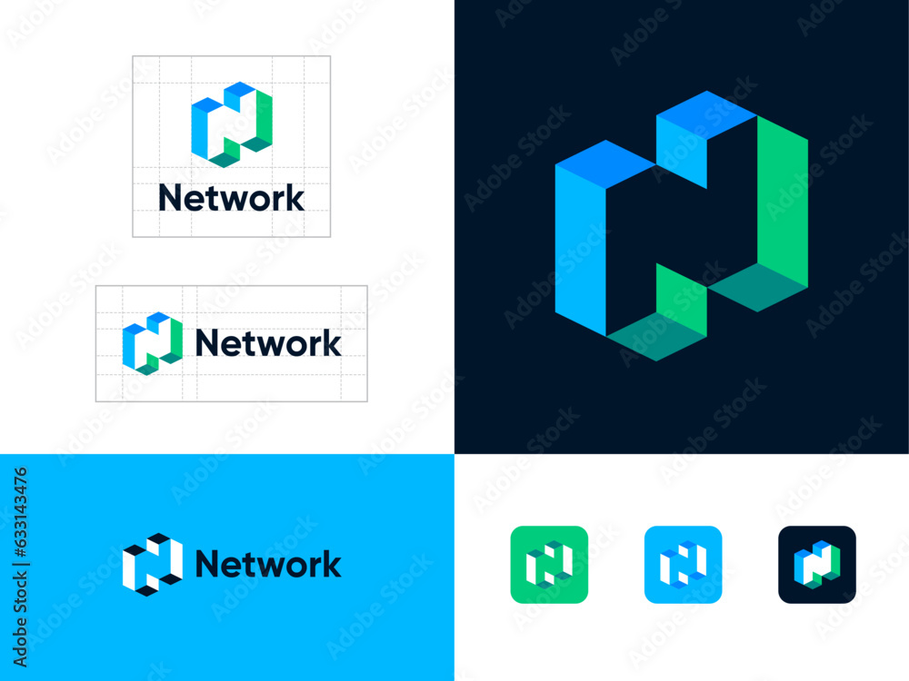 Network logo. Letter N of impossible shape. Blue-green N monogram. Identity.  Web buttons.