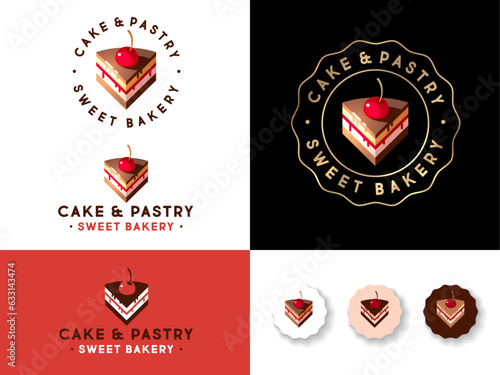 Cake and pastry emblem. illustration. Baking and sweets. A piece of  cake with biscuit, cream, chocolate, syrup and cherry.
