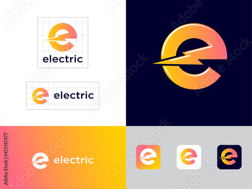 
Electric Industrial icon. Power industry symbol. Yellow E letter with lightning.