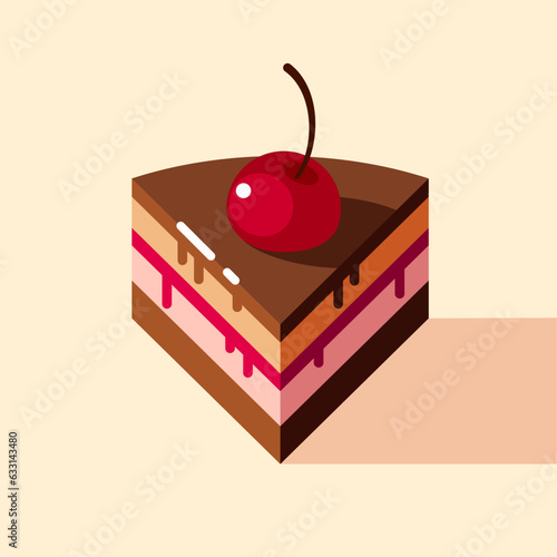 A piece of cake with biscuit, cream, chocolate, syrup and cherry. Flat illustration.