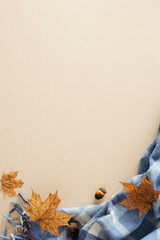 Enchanting fall aesthetic concept. Top view vertical arrangement of warm blanket, acorns, autumn maple leaves on pastel beige background with empty space for promo or message