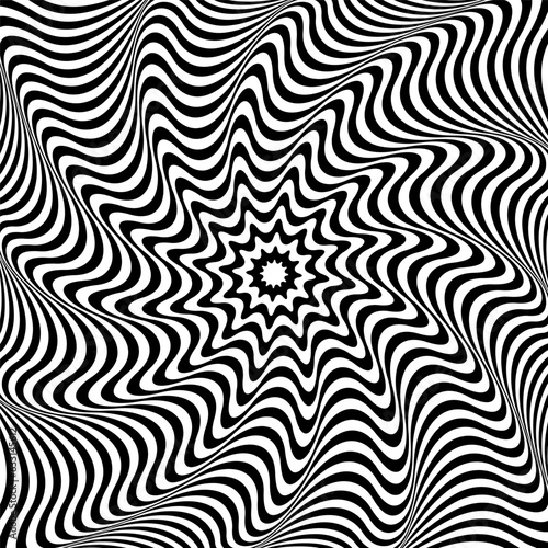 Rotation Whirl Motion and 3D Illusion in Abstract Op Art Wavy Lines Pattern.