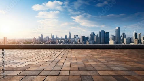 Empty brick floor on the rooftop with cityscape and skyline of modern city background created with Generative AI