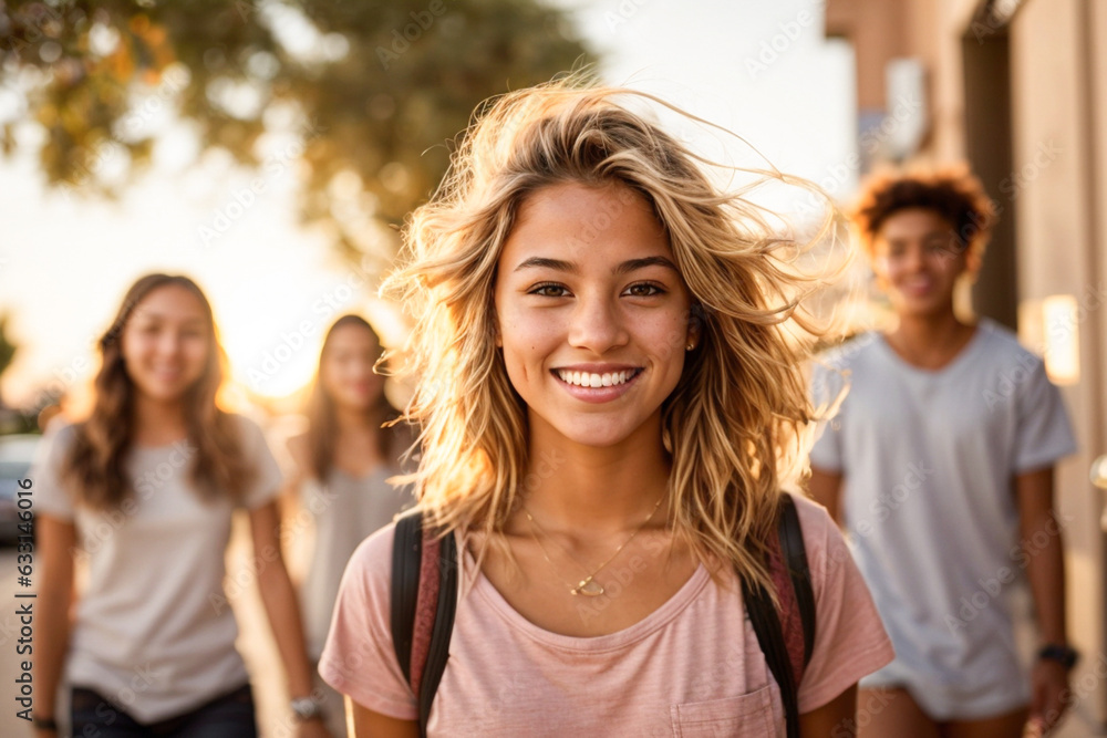 Obraz premium woman leisure adult young smiling sun city sunny day sunset beautiful cheerful enjoy a walk walking with friends outdoor activity in the city, portrait, happy, fashion, outside, having fun, lifestyle