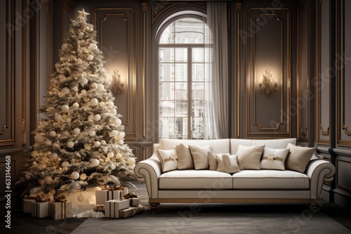 Contemporary living room adorned with a stunning Christmas tree and a stylish sofa. The interior design is simply exquisite.