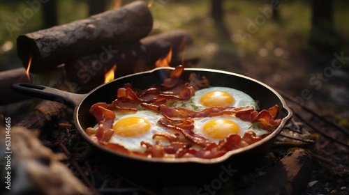 Bacon and Eggs Breakfast While Camping in the Forest. Generative ai