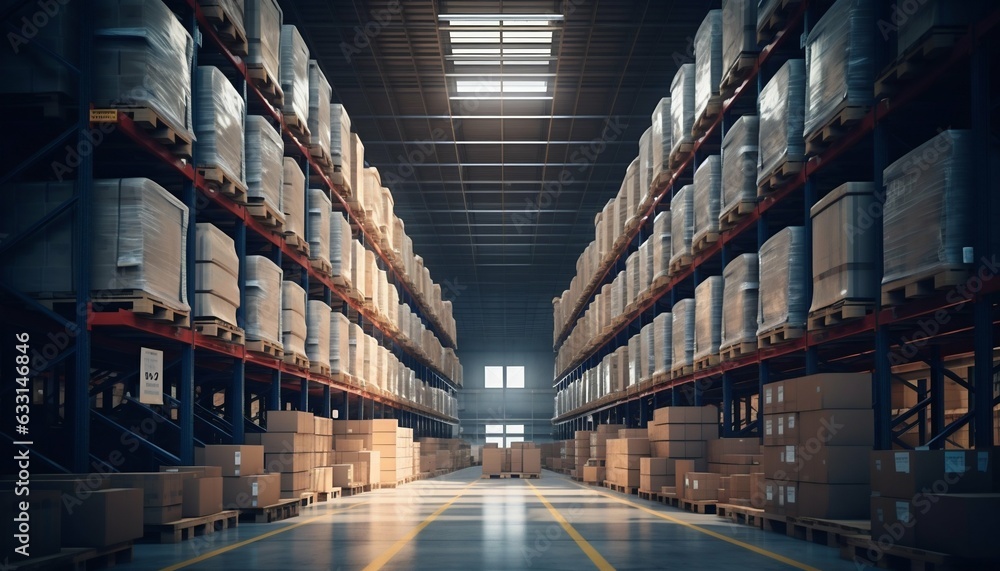 Vast Warehouse with Rows of Shelves Stacked with Boxes. Generative ai