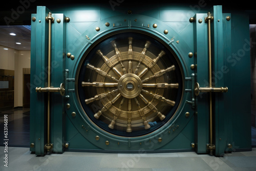 Front view of closed bank vault door. Generative AI