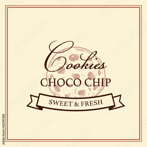 Choco chip cookie logo template. Vector illustration in sketch style. Design for branding and packaging. Bakery product
