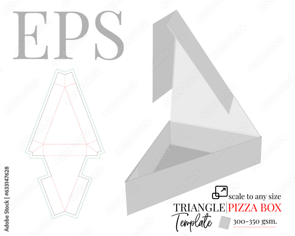 Triangle pizza box template, vector with die cut, laser cut lines. Self