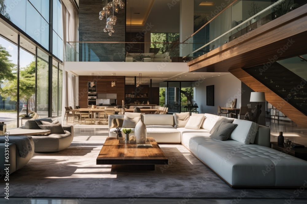 Obraz premium Spacious living area in a modern and high end house design, allowing a clear view of the entrance, kitchen, and upper level.