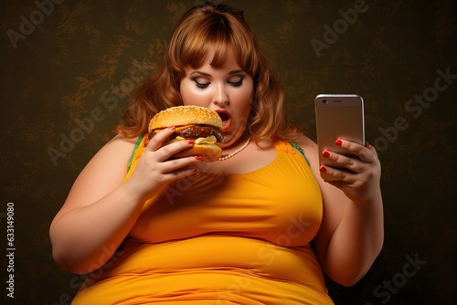 Big lady in yellow shirt eat burger and watch smartphone | new society