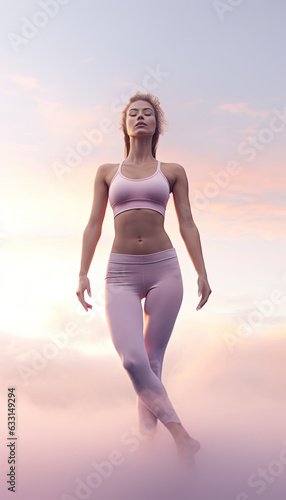 A young woman with beautiful figure doing yoga or acrobatics . Shot on a light pink color background.