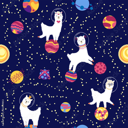 Seamless pattern with lama in a rocket, in space. Lama travels, adventures among the stars. Cute pattern with alpaca