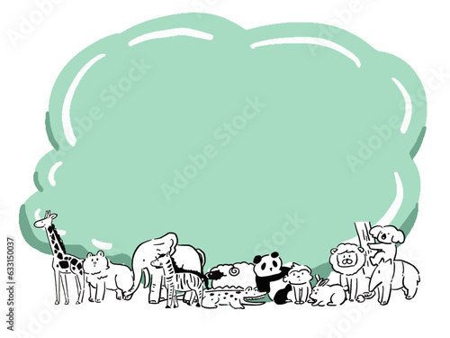  ゆるい手描き風動物たちの雲形フレームのイラスト(単色)