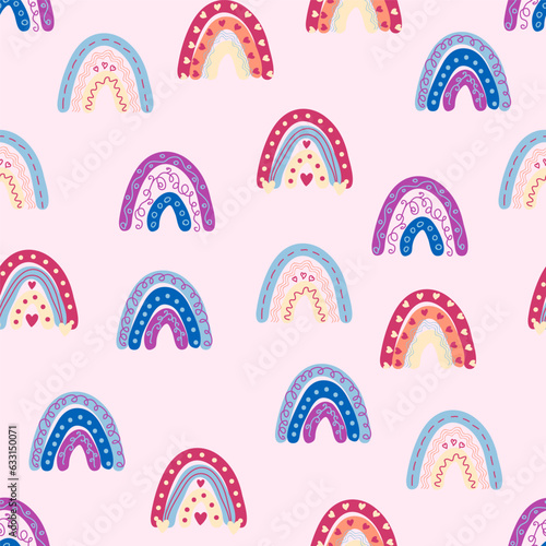 Seamless pattern graceful rainbows in boho colors. Scandinavian baby hand style for newborns.
