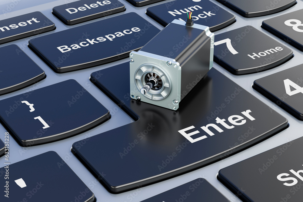Fototapeta premium Stepper motor on laptop keyboard. 3D rendering