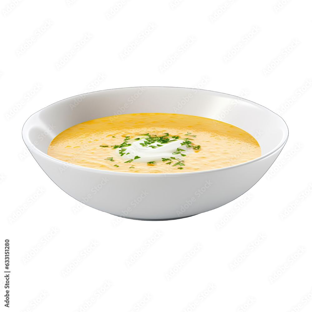 A white bowl filled with soup on a white table