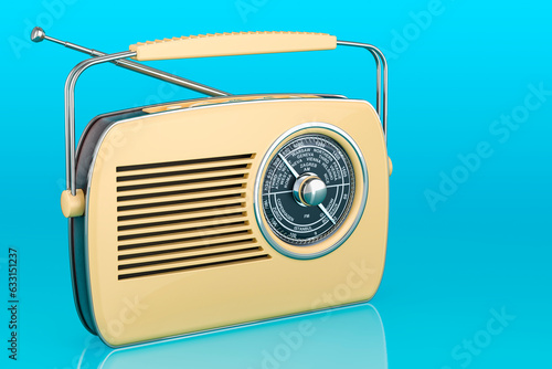 Vintage radio receiver on blue background, 3D rendering