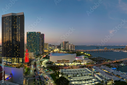Aerial view of downtown district of of Miami Brickell in Florida  USA at night. High commercial and residential skyscraper buildings in modern american megapolis