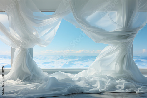 Blurred clear sky, clouds, and sea seen through the white curtains of the wind. AI generative