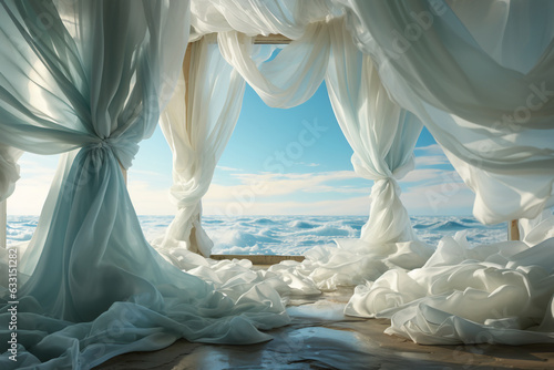 Blurred clear sky, clouds, and sea seen through the white curtains of the wind. AI generative