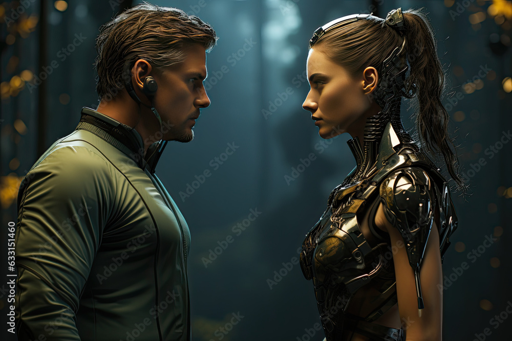 Human and artificial intelligence robot stand together and look each other. Couple in love. Android, robot love human. Generative AI.