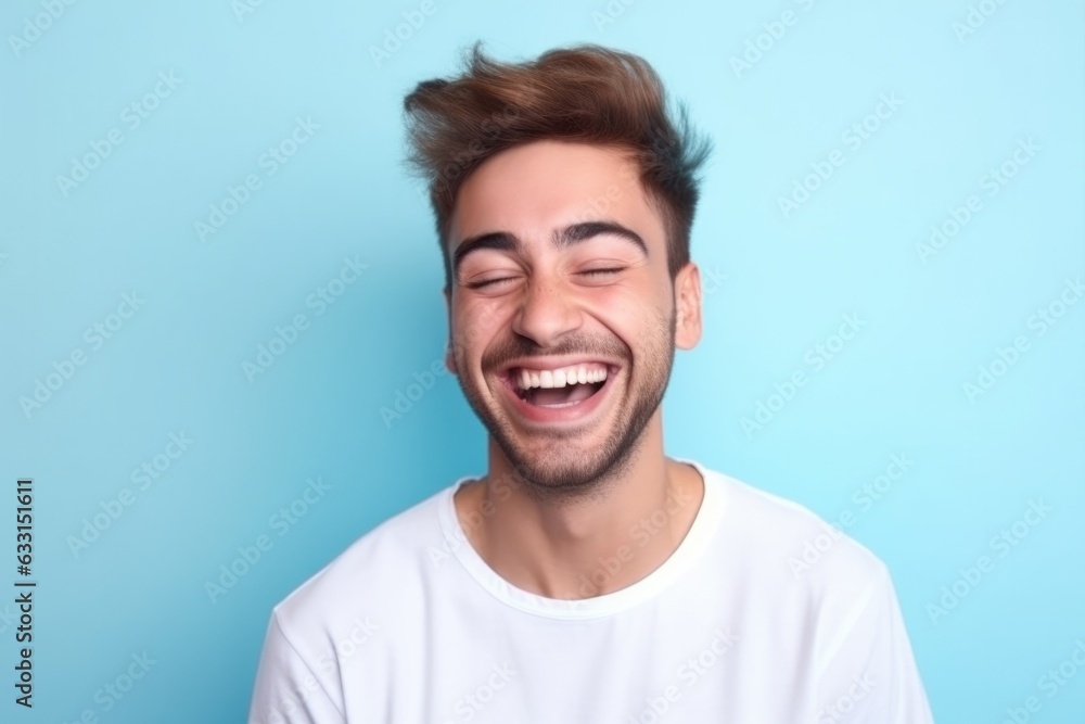 Portrait of a handsome mature man laughing on a plain studio background.