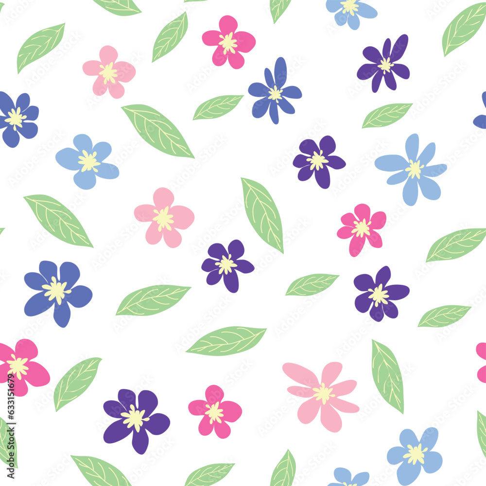 Fototapeta premium Floral seamless pattern with pink, lavender, blue, purple chamomile flower and leaves. Childish, feminine, gentle