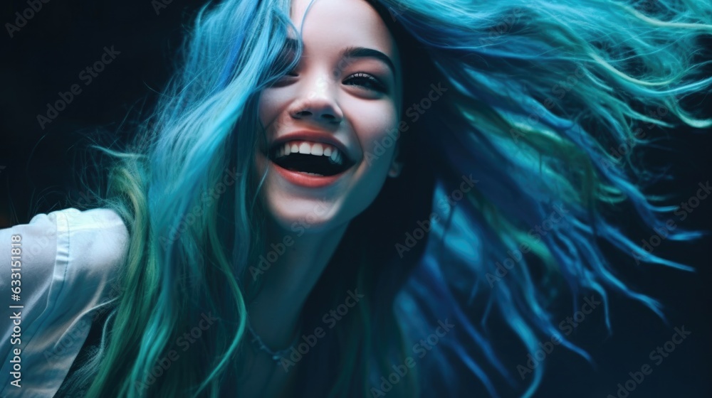 Fototapeta premium Portrait of a beautiful young woman with blue hair and flying hair
