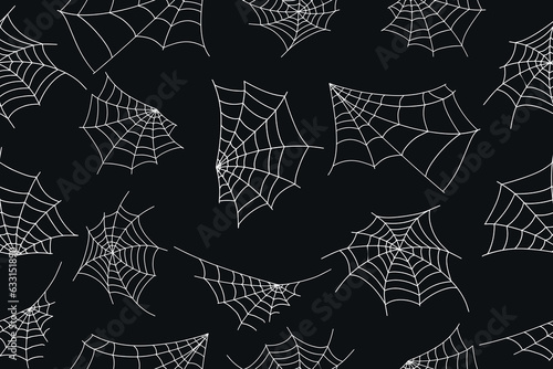 Halloween spider web seamless pattern. Black background and white cobweb. Seamless vector background. 