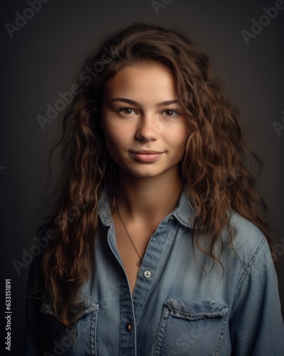 Portrait of a beautiful young woman wearing jeans. Studio shot against plain background.