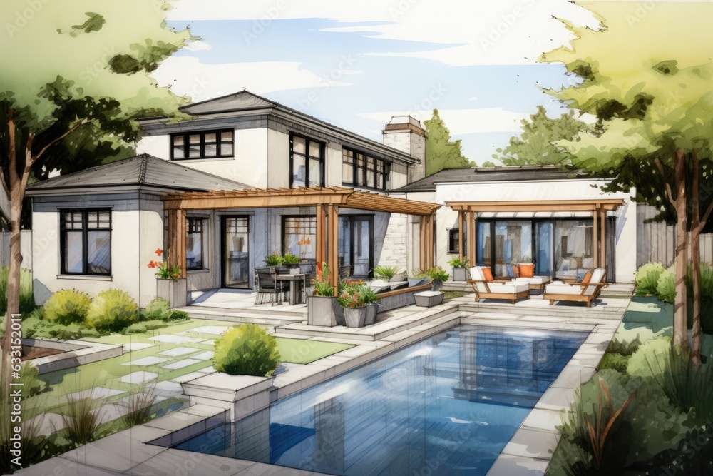 Building a personalized home in Menlo Park, California that includes a pool, patio, grass area, back yard, and a hot tub.