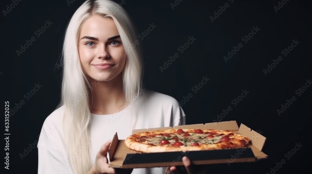 Young beautiful woman presenting a pizza