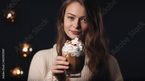 Beautiful young woman with cup of hot chocolate  close-up portrait