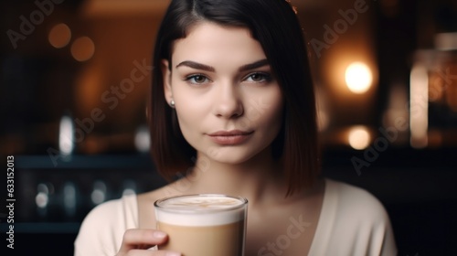 Beautiful young woman with glass of cafe latte, close-up portrait