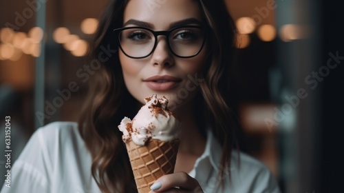 Young beautiful woman eating ice cream