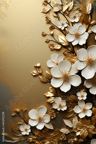Serene beige textured background with gold swirl and white flower border. AI generative