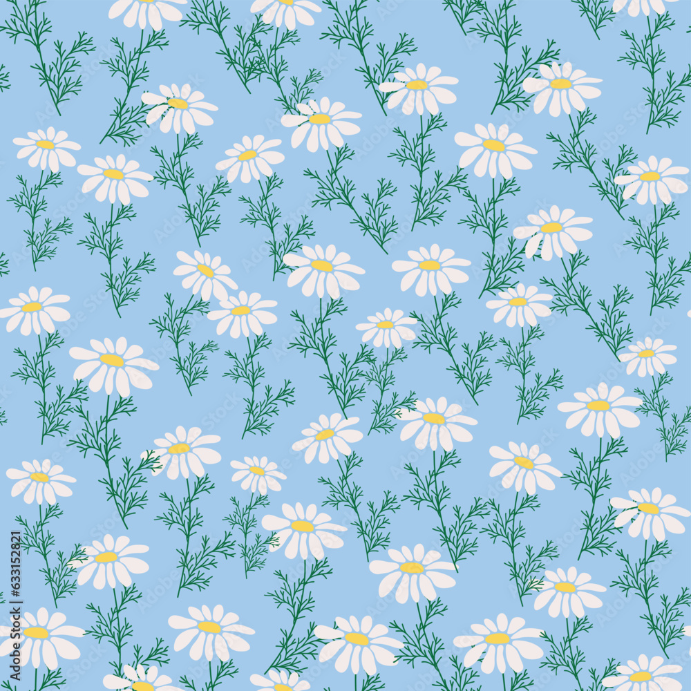Seamless pattern Creative floral print with chamomile flowers, leaves in hand drawn style on a blue-turquoise background